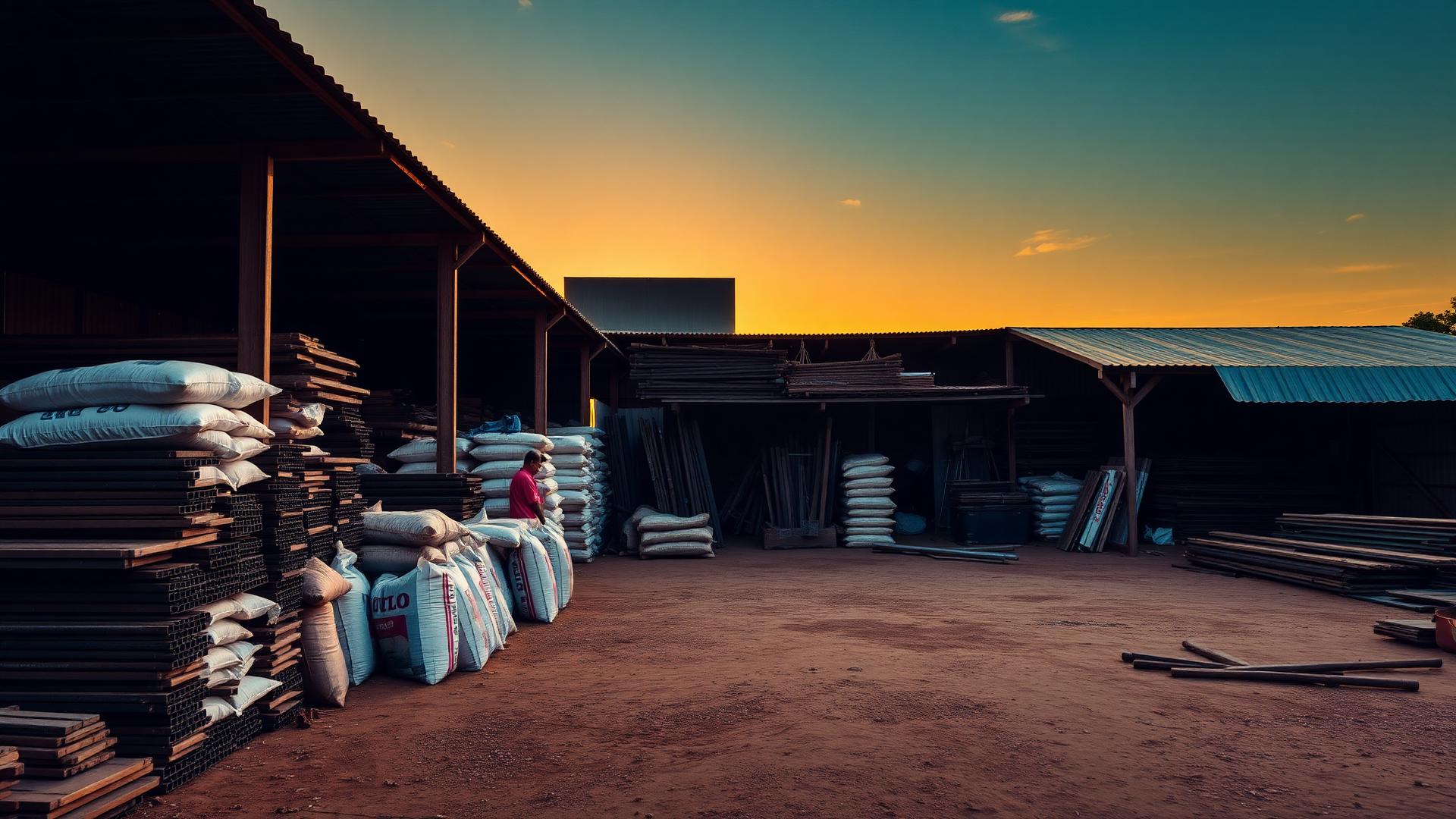 Steel, timber and cement stacked at a hardware supply yard